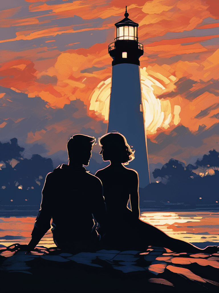 AI generated: nsfw, intricate details, silhouette of A (nude:1.2) couple sits cuddled together on a blanket, gazin...