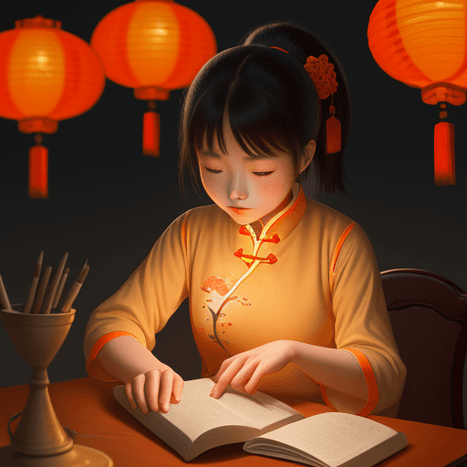 AI generated: chinese illustration of a girl reading a book on a table with lantern, in the style of light beige a...