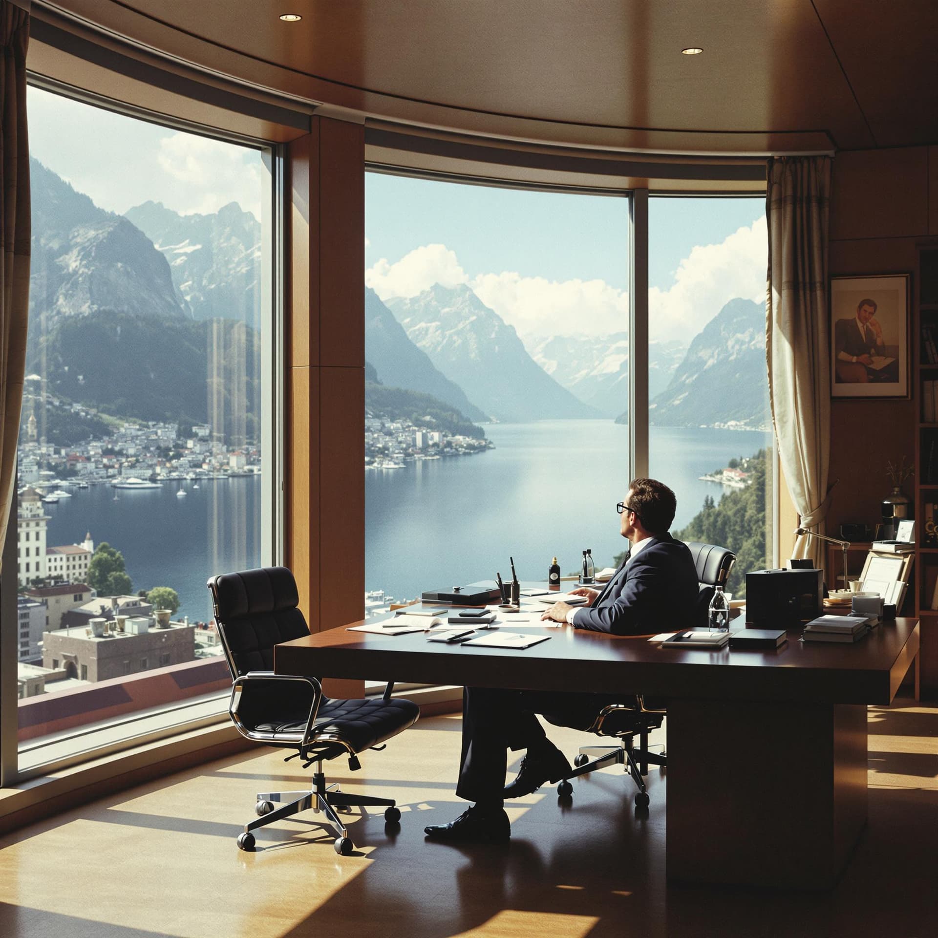 AI generated: An office of a Swiss executive in the early eighties, sitting at his desk with large windows overloo...