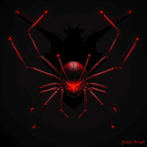 AI generated: A red spider with glowing eyes and a cross in the center on a black background. The design is dark a...