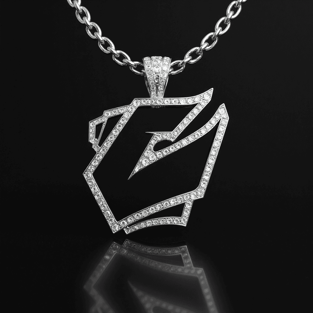 AI generated: CREATE A 3D PRESENTATION WITH BIG BLING BLING NECKLACE WITH THIS LOGO, ICED OUT,
