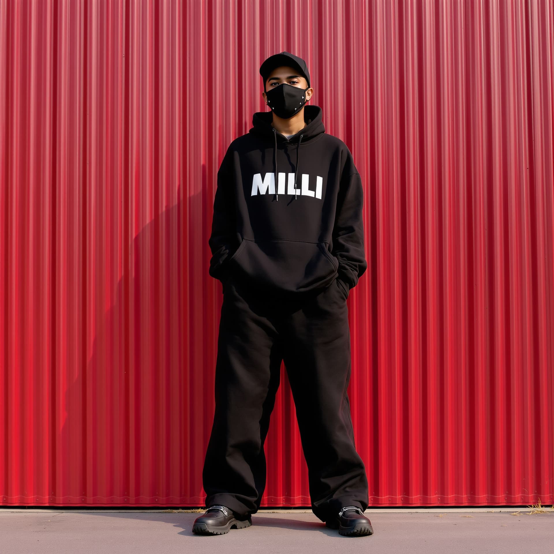 AI generated: WEARING. A FACE MASK , BLACK OS STYLE capturing a casual yet stylish vibe, a figure in a loose, over...