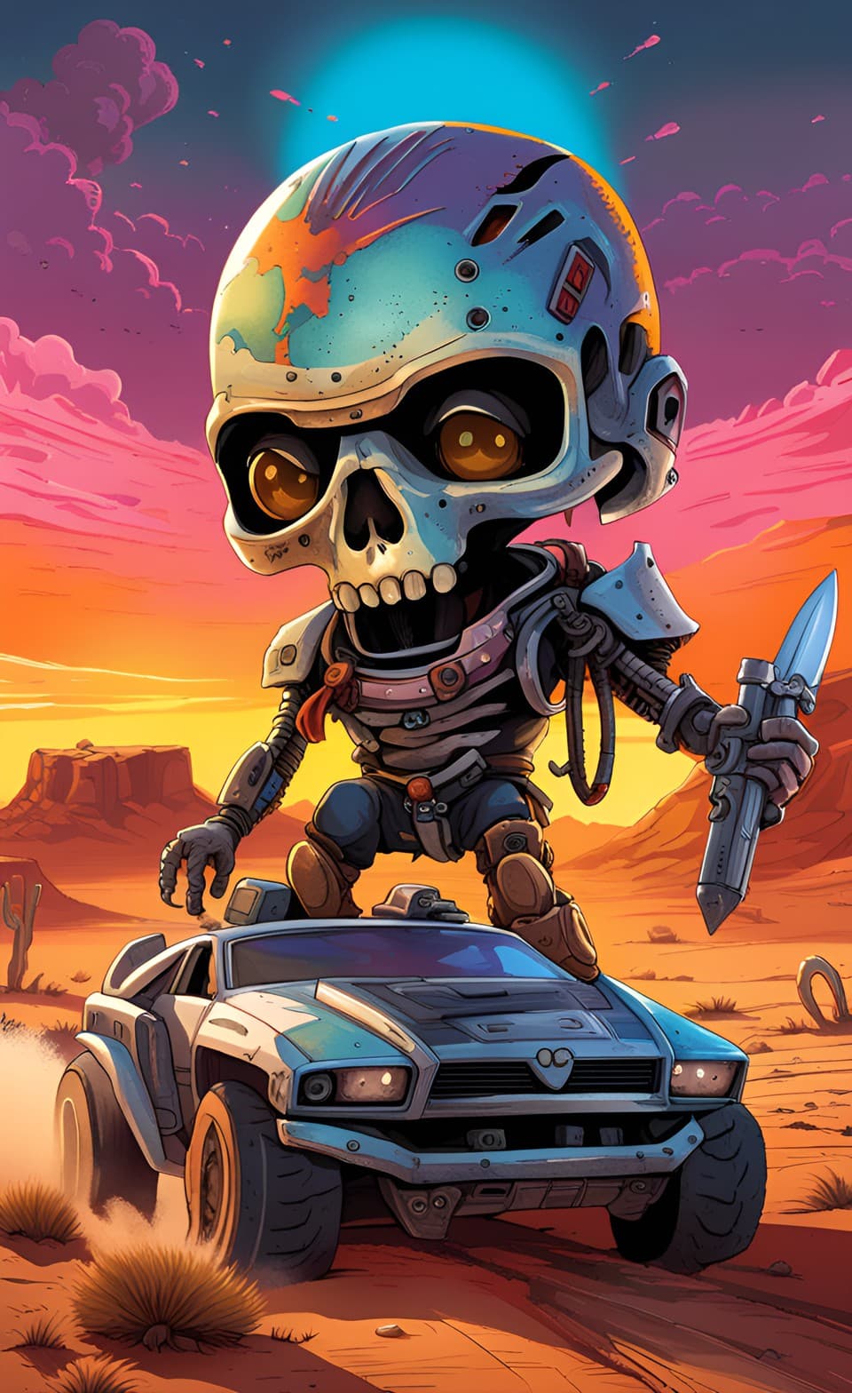 AI generated: A future metal punk poster, of a terminator cybernetic machine type biological android figure, ridin...