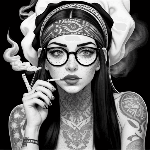 AI generated: detailed black and white drawing of an attractive woman with freckles, wearing large round glasses, ...