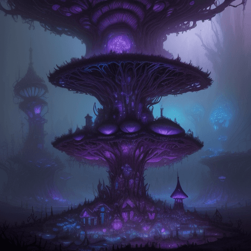 AI generated: concept art detailed painting of a dark purple fantasy fairytale fungal town made of mushrooms, with...