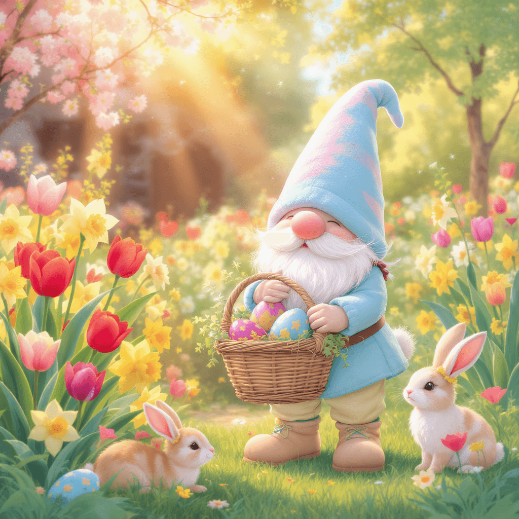 AI generated: A cheerful garden gnome dressed in pastel-colored clothes, holding a basket of painted Easter eggs, ...