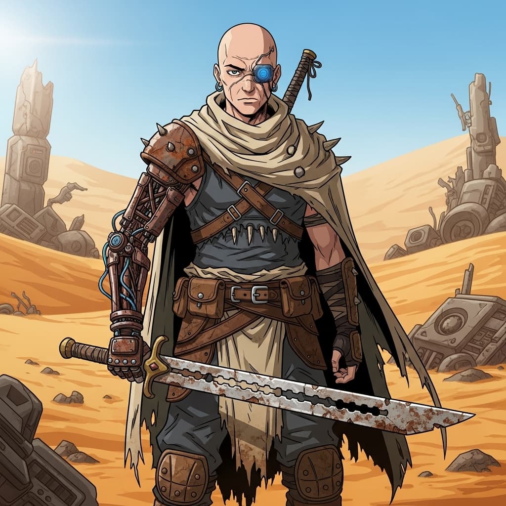 AI generated: (masterpiece, best quality, 4k), dark anime, grimdark, post-apocalyptic, male poor scavenger, bald, ...