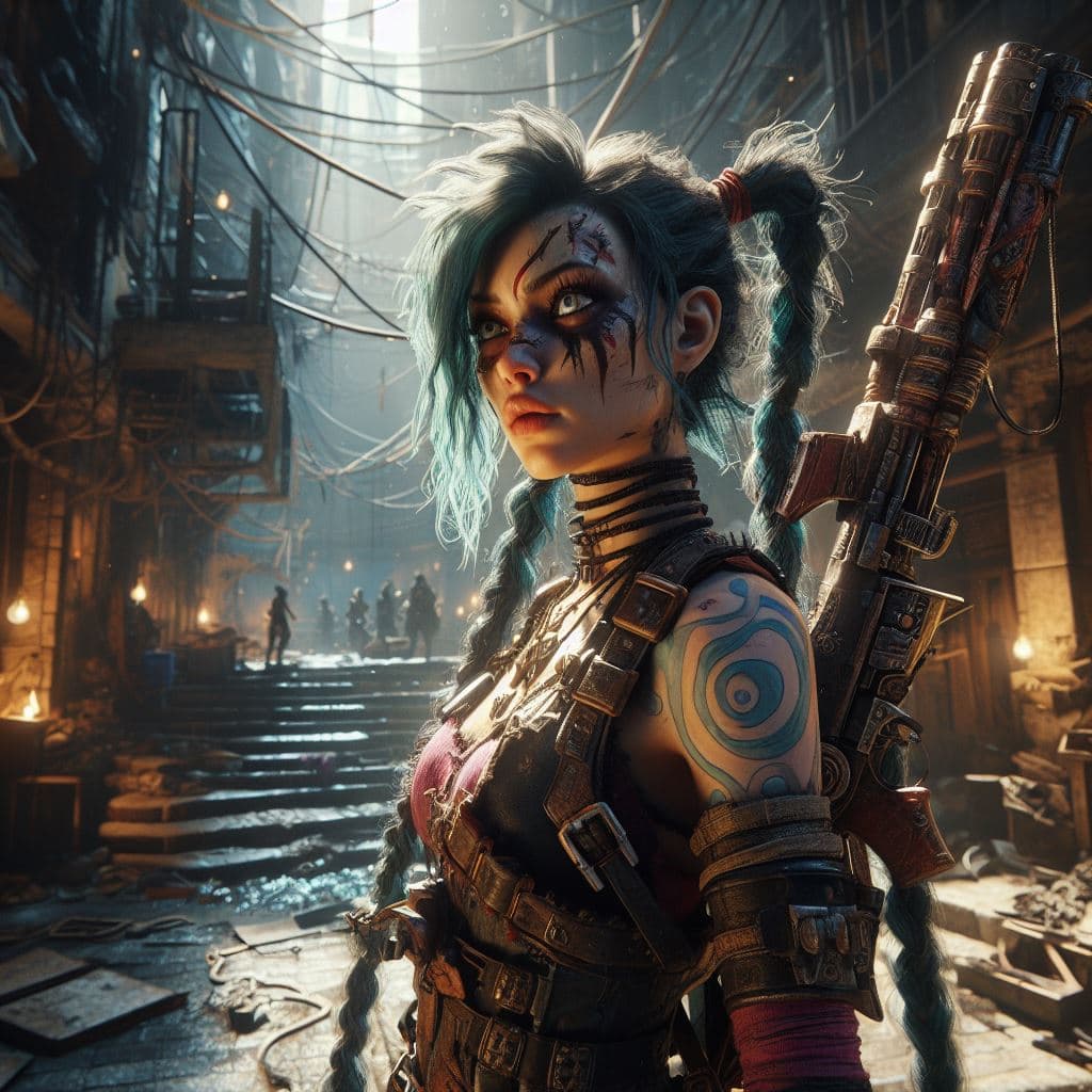 AI generated: Jinx Hyper-realistic photograph of Jinx in Zaun's undercity, showcasing her chaotic essence. Advance...