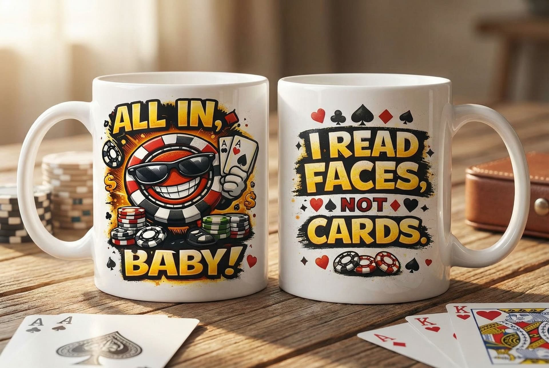AI generated: A realistic lifestyle product photograph of a ceramic mug on a wooden table, 
subtle poker elements ...