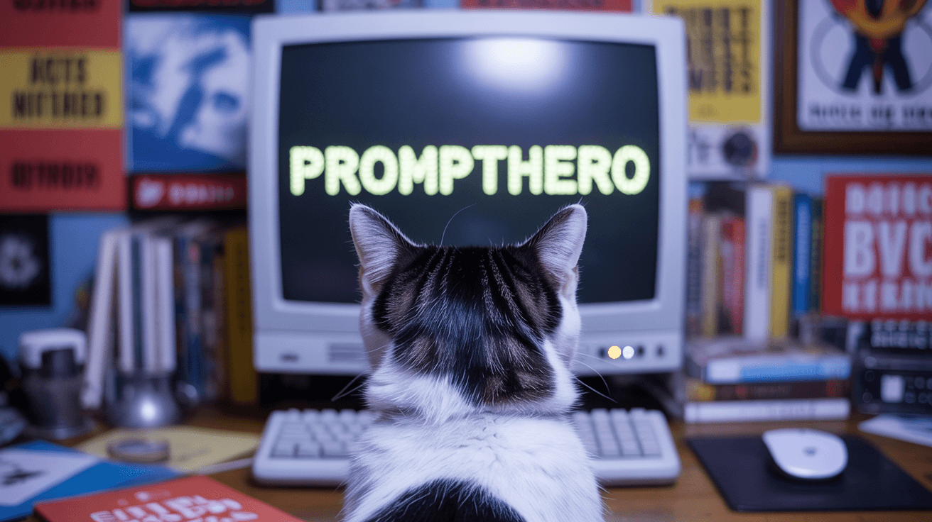 AI generated: a black and white cat with a round face and calm expression, sitting in front of a computer screen, ...