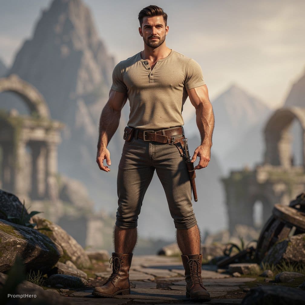 AI generated: Tom Holland, caucasian complexion, big muscles and big thighs, dark-brown hair, in his thirties, He ...