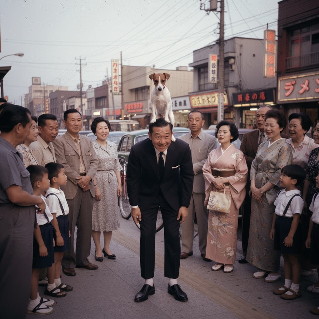 AI generated: Een Jack Russell staat met vier poten boven op het hoofd van een man in het Tokio van de jaren 60. E...