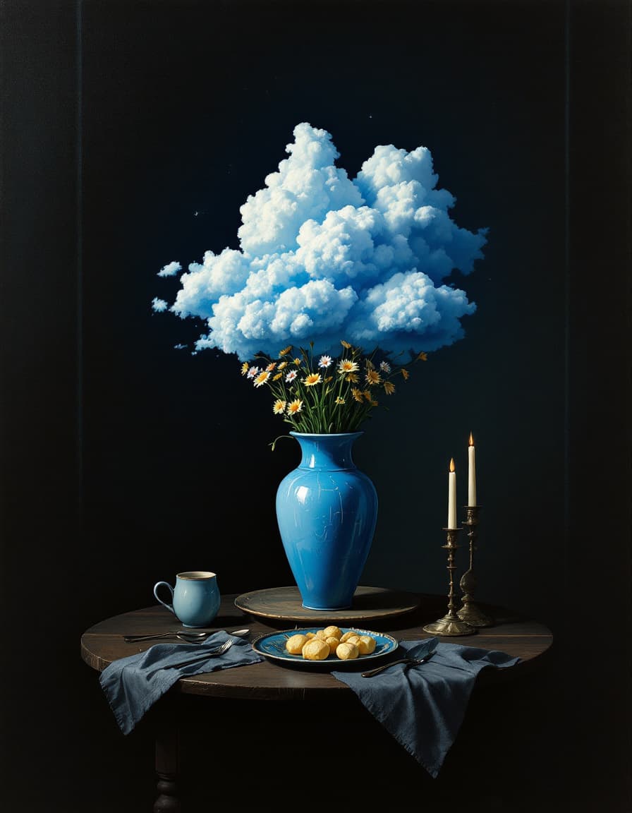AI generated: A surreal painting inspired by René Magritte. The composition features a reversed still life: the ce...