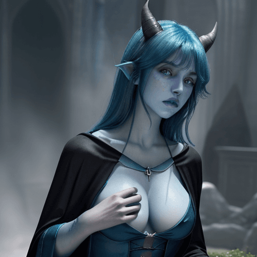 AI generated: lapis lazuli, WOMAN, blue skin, blue hair, dead blue eyes, horns, normal pointy ears, black and dark...