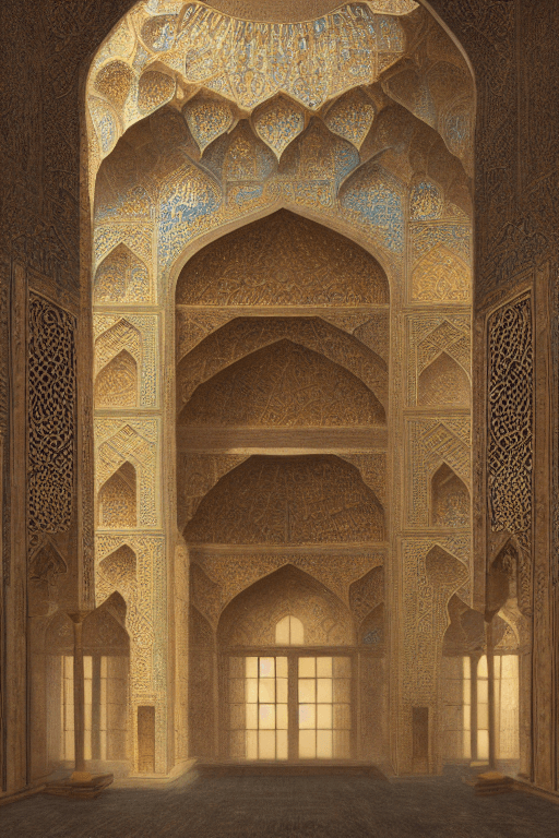 AI generated: Persian architecture, temple volume atrium light full of rose, hanging gardens, vibrant flowers, arc...
