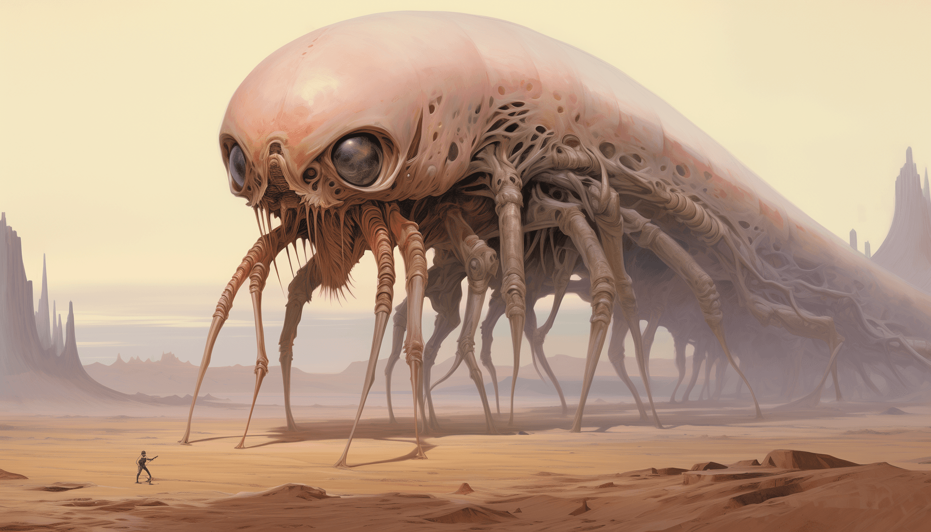 AI generated: A huge alien creature with long, thin legs and large claws stands on its hind two feet in the desert...