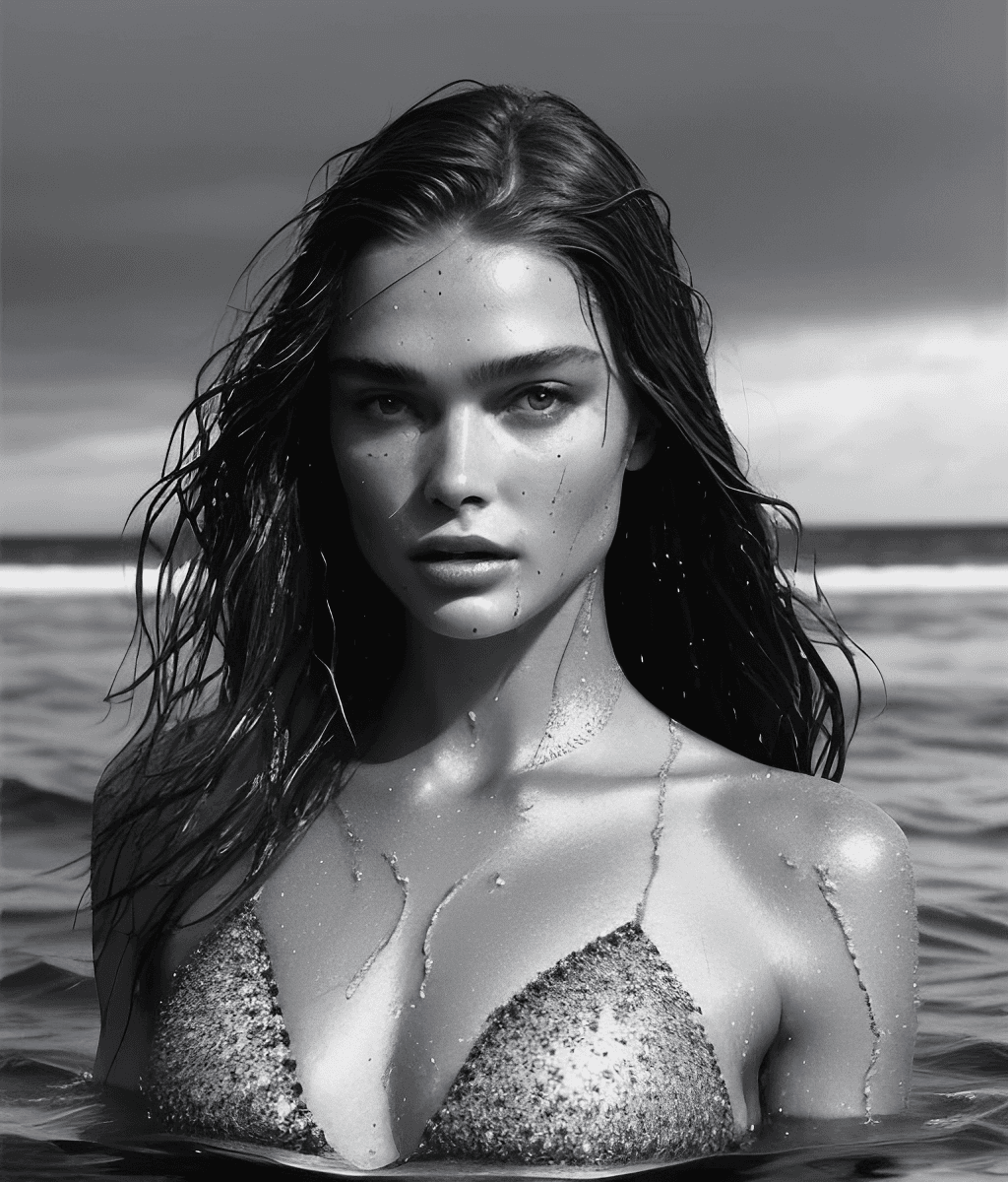 AI generated: a black and white photo of a woman in the water, mert and marcus, drops, kristine froseth, brooke sh...