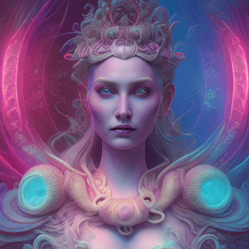 AI generated: Goddess close-up portrait ribcagel. jellyfish phoenix head, nautilus, orchid, skull, betta fish, bio...