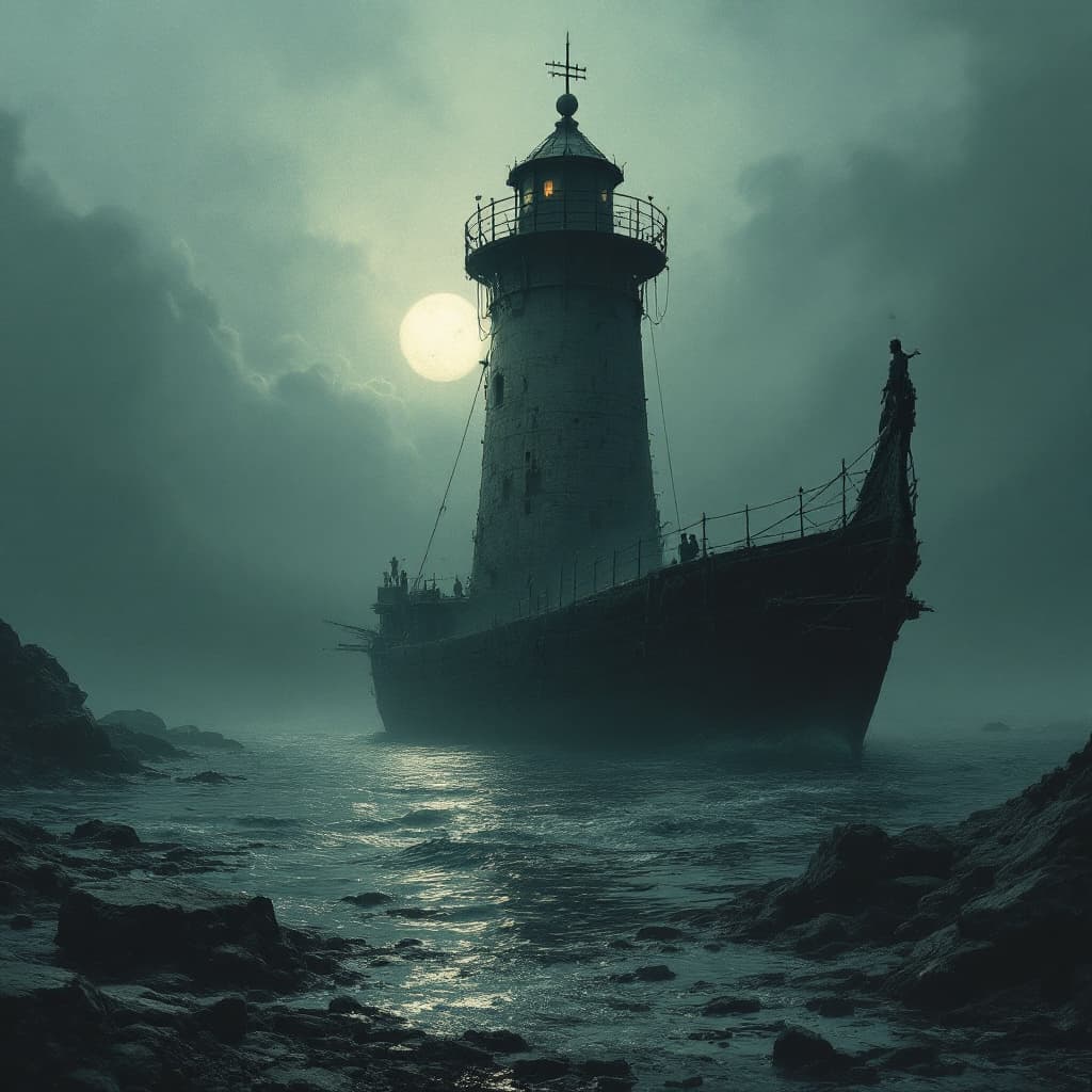 AI generated: old harbour with lighthouse dungeon synth dark atmospheric melancholic old ship masterpiece ghosts