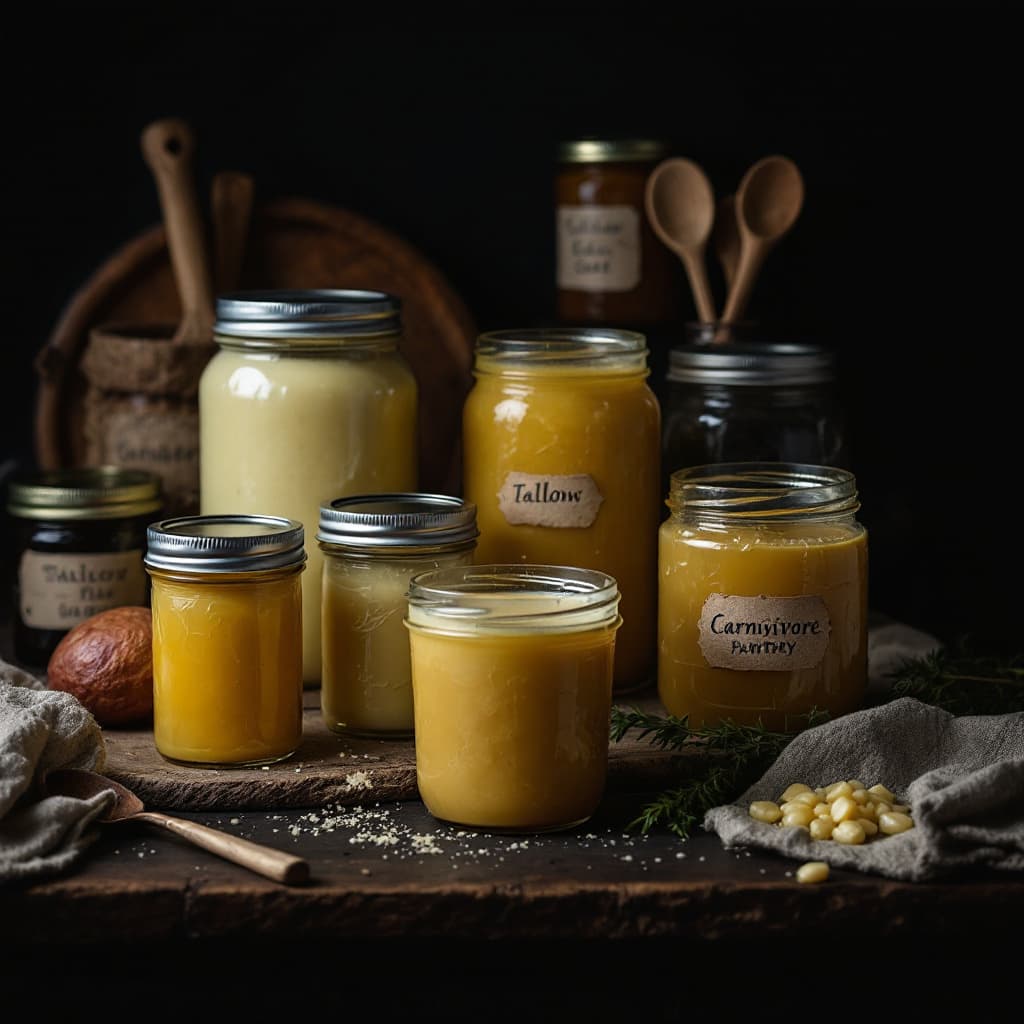 AI generated: Darker Photography of Carnivore Pantry with jars of Tallow, Ghee 
