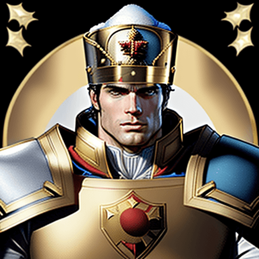 AI generated: Henry Cavill depicted as the Emperor of Humanity Warhamer 40k, whit golden armor. Christmas hat on h...