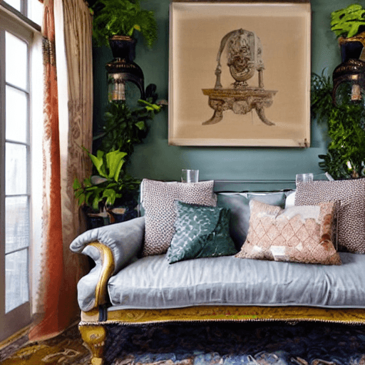 AI generated: living room with French windows opening onto the garden, Provençal style sideboard, plants, jute car...