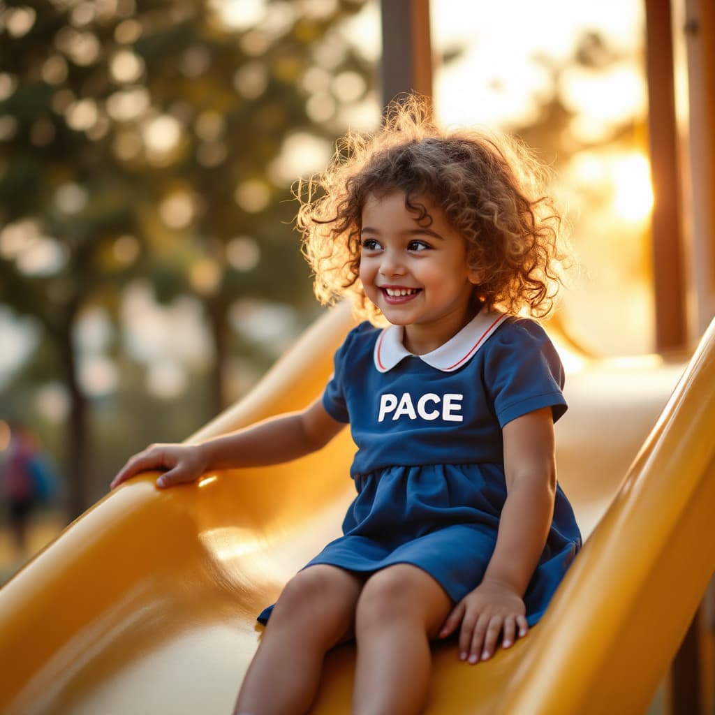 AI generated: 5 years old little white girl with brown curly hair wearing school blue dress with logo (PACE),in sc...