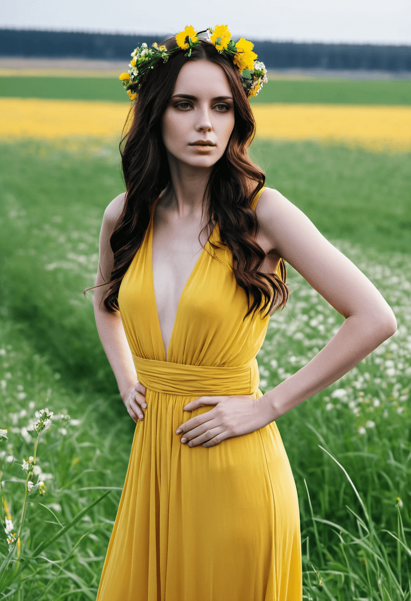 AI generated: silhouette style attractive young woman, long unkempt brunette hair with a flower crown, dressed in ...