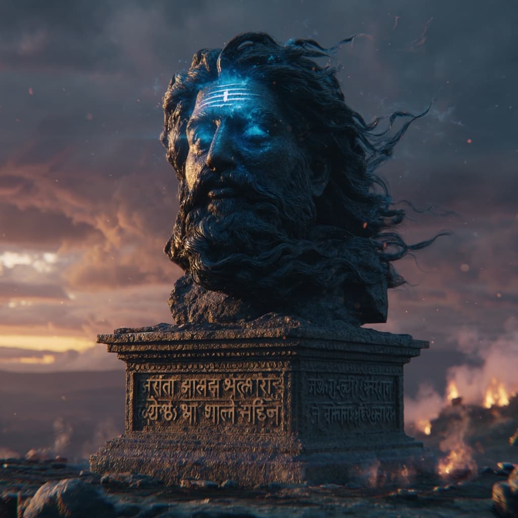 AI generated: A powerful, hyperrealistic cinematic scene of Barbarik’s severed head resting on a sacred stone pede...