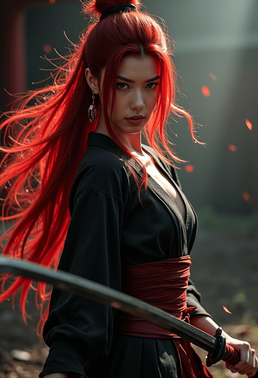 AI generated: An image with cinematic lighting and shadows of an stunning female samurai warrior from Edo Japan wi...