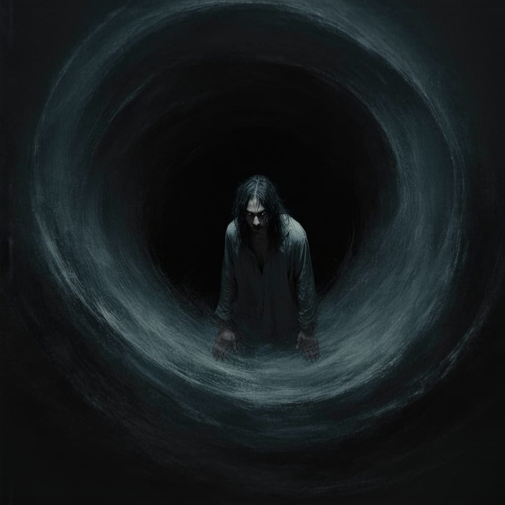 AI generated: A terrified, slim-faced young long black haired man stares downward at a void in the center of her s...