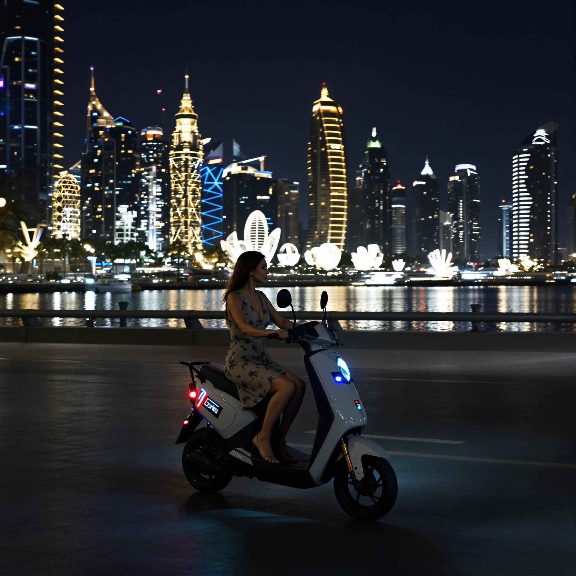 AI generated: 	1. Dubai Marina bei Nacht – Frau mit E-Scooter:
Eine elegante Frau aus Asien fährt einen E-Scooter ...