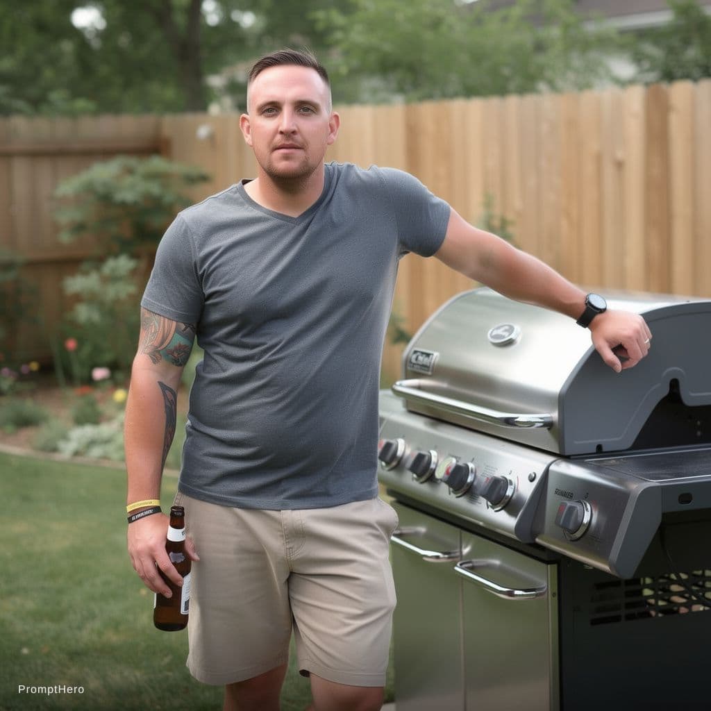 AI generated:  Add him casually at home not smiling at bbq . Have him leaning on a grill with a beer.  Add a littl...