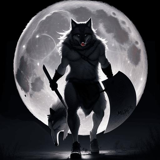 AI generated: a wolf wearing a blindfold over its eyes carrying a axe with a full moon behind him, hyper realistic...
