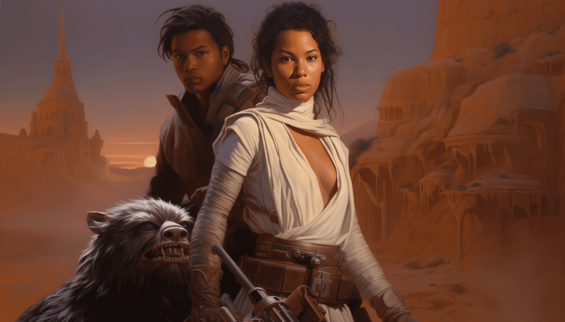 AI generated: A Star Wars rebel, riding on the back of an Ewok with his female companion in front, in a desert bac...