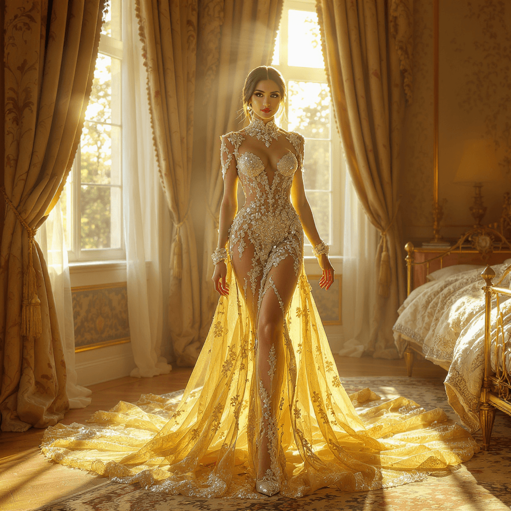 AI generated: "A breathtaking full-body portrait of a woman wearing a dazzling, intricately designed gold and crys...