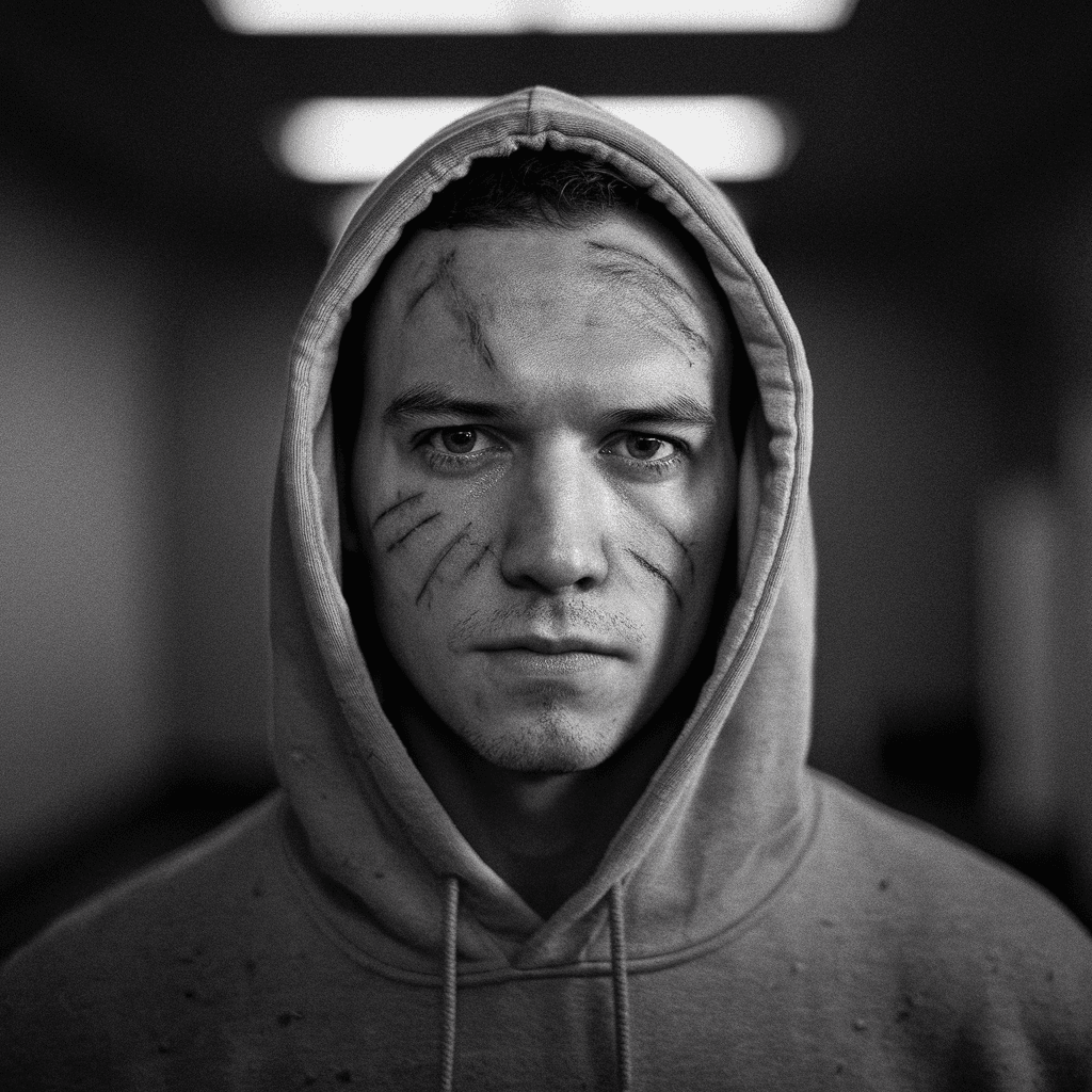 AI generated: A man with scars on his face wearing a hoodie with a serious expression in a dark room, backlit with...