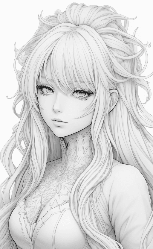 AI generated: coloring page Anime portrait clean line art, black pen line high detail,,wild dynamic white hair, wo...