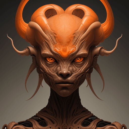 AI generated: alien cyborg art and illustration by theo el, in the style of balanced symmetry, light orange and po...