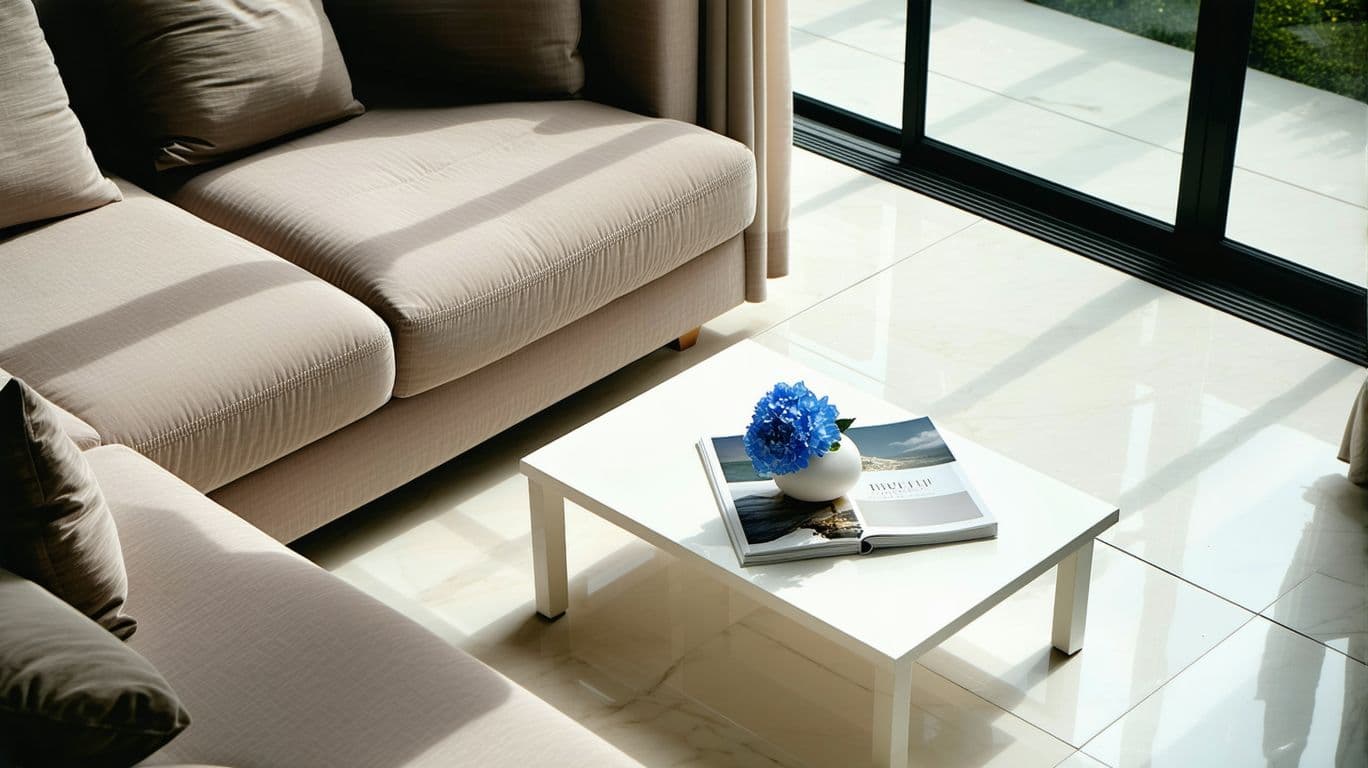 AI generated: photography, aerial shot, apartment living room, color limited to beige, minimalist beige fabric sof...