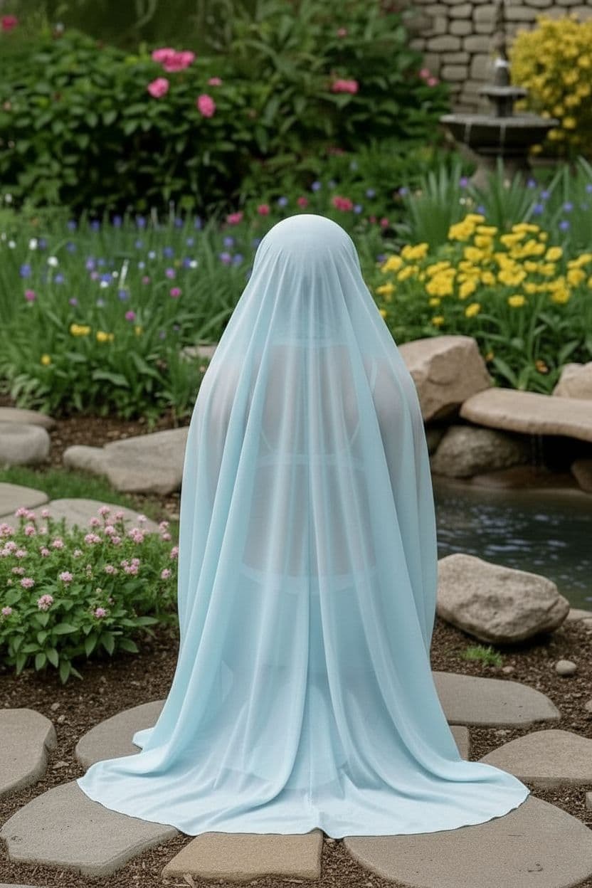AI generated: The same person from the photo, but wearing transparent clothing and kneeling, still with her back t...