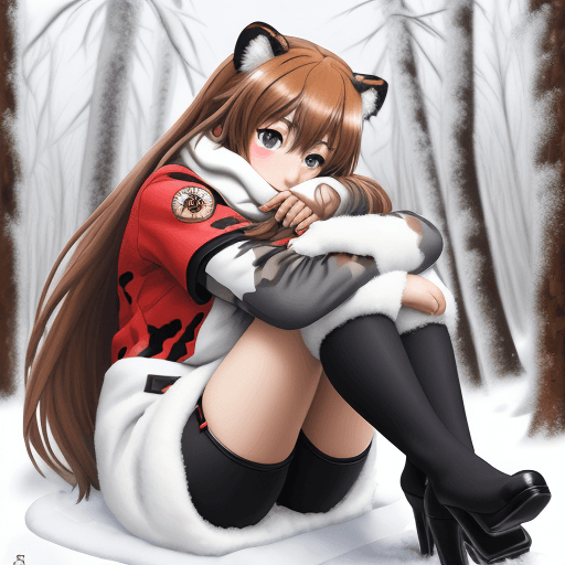 AI generated: taiga aisaka, anime, sit in snowy camouflage riding tank and hug herself, winter red school uniform,...