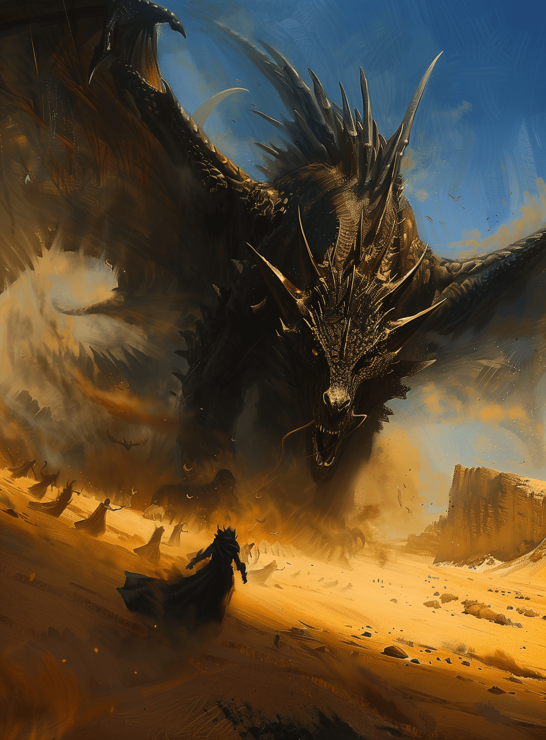 AI generated: A large black dragon with wings is attacking people in the desert, in the style of Zdzisław Beksińsk...