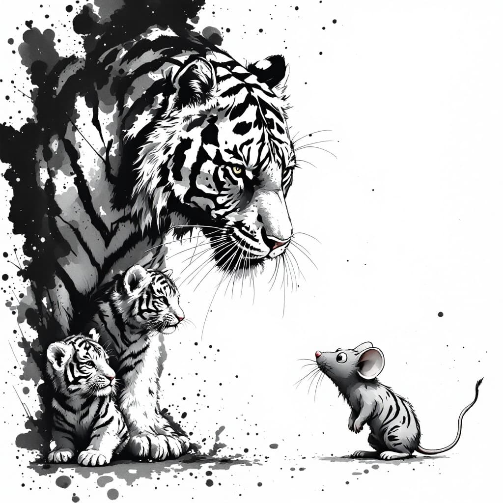 AI generated: a tiger and two tiger cubs, and a oversized mouse,ferocious, detailed,full-body shots,ink style,Ink ...