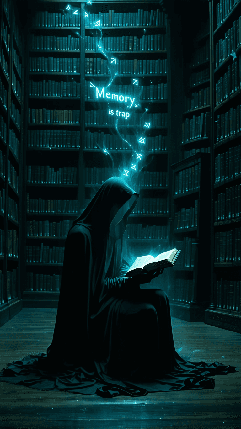 AI generated: ghostly figure curled in dark library reading from floating book, glowing runes in air spelling “Mem...