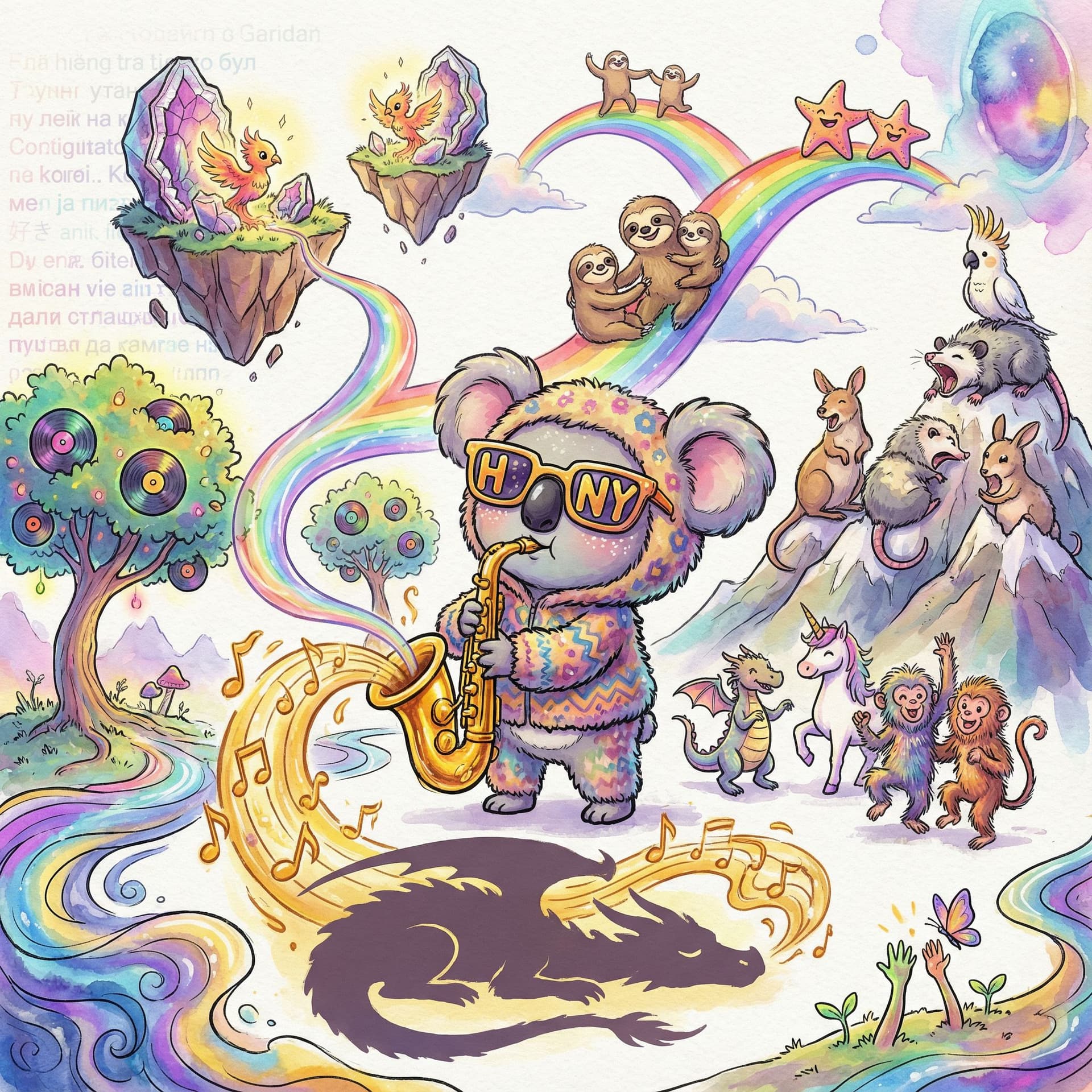 AI generated: Generate an image of Happy New Year featuring A groovy pookah pollywoggle koala chibi saxophonist wi...