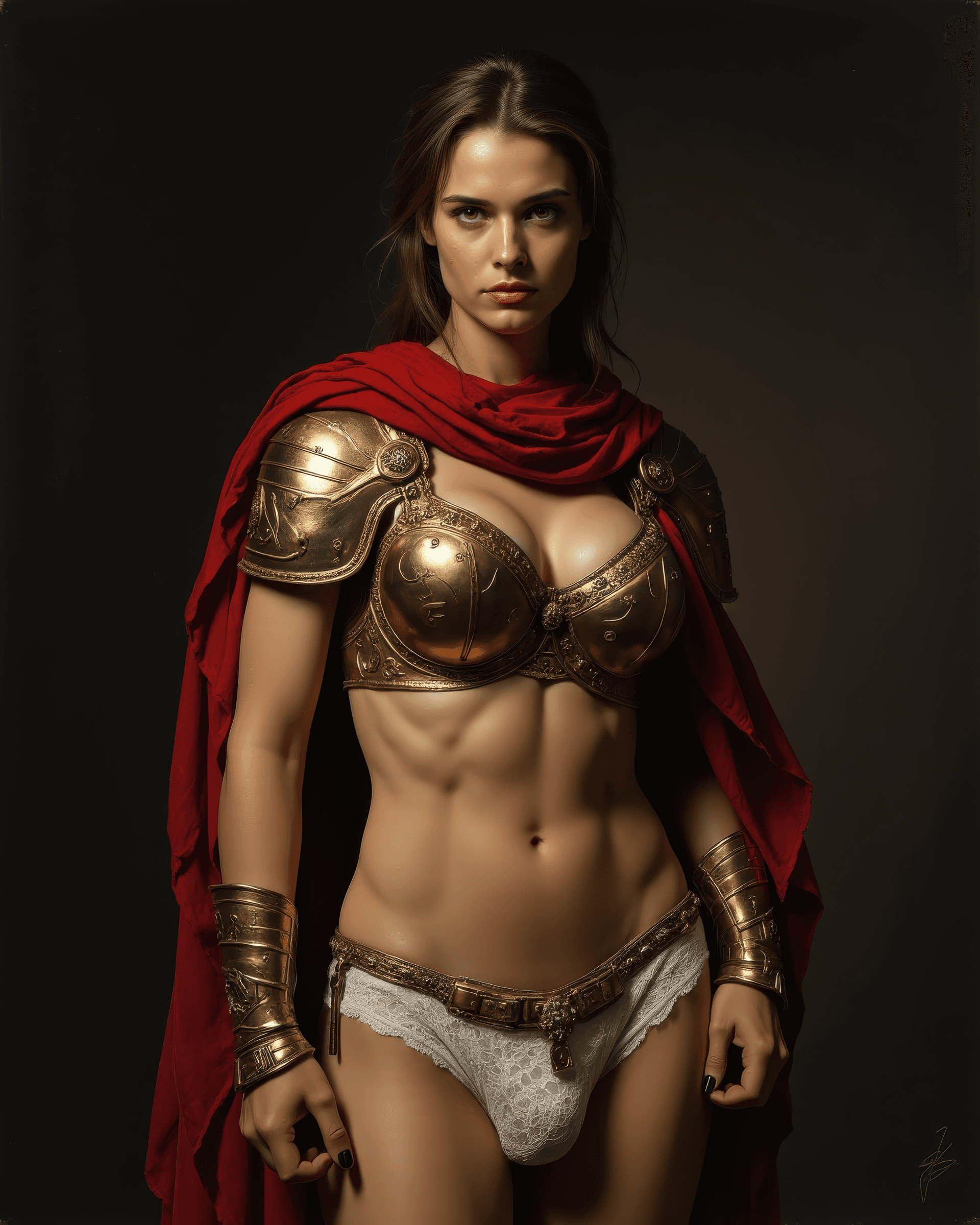 AI generated: full body photo of a tough looking beautiful woman female Roman general in a dramatic chiaroscuro st...