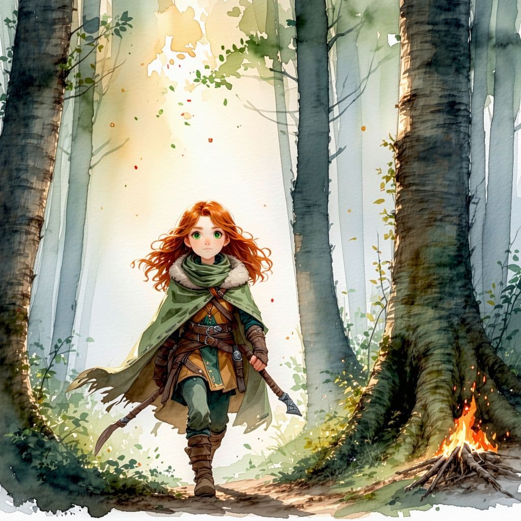 AI generated: Full-body watercolor illustration of a young girl with wild, fiery red hair and piercing green eyes,...