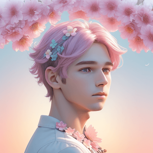 AI generated: Beauty spring floral 3d digital art on sunrise background with boy and flowers in hair, dotted, pink...