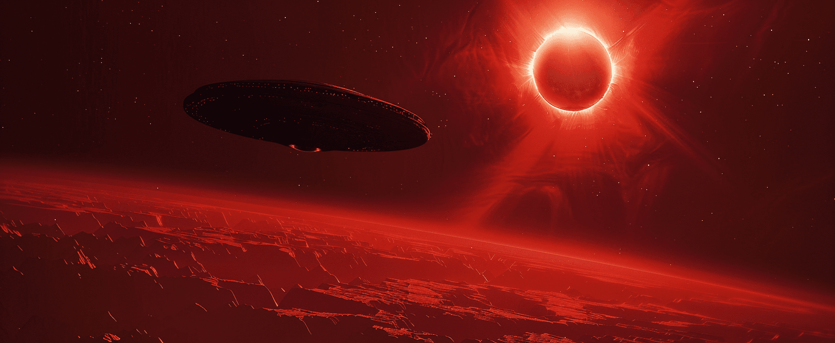 AI generated: A red eclipse in space with an alien ship flying, designed like the movie '2001 A Space Odyssey', sh...